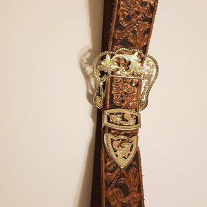 Vintage 70's belt tan leather german silver inlay look buckle. Size 34-36 inch